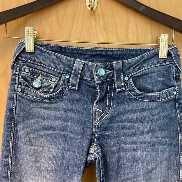 TRUE  RELIGION Sz 25 World Tour High Rise Boot Blue Bling Jeans - Picture 2 of 8